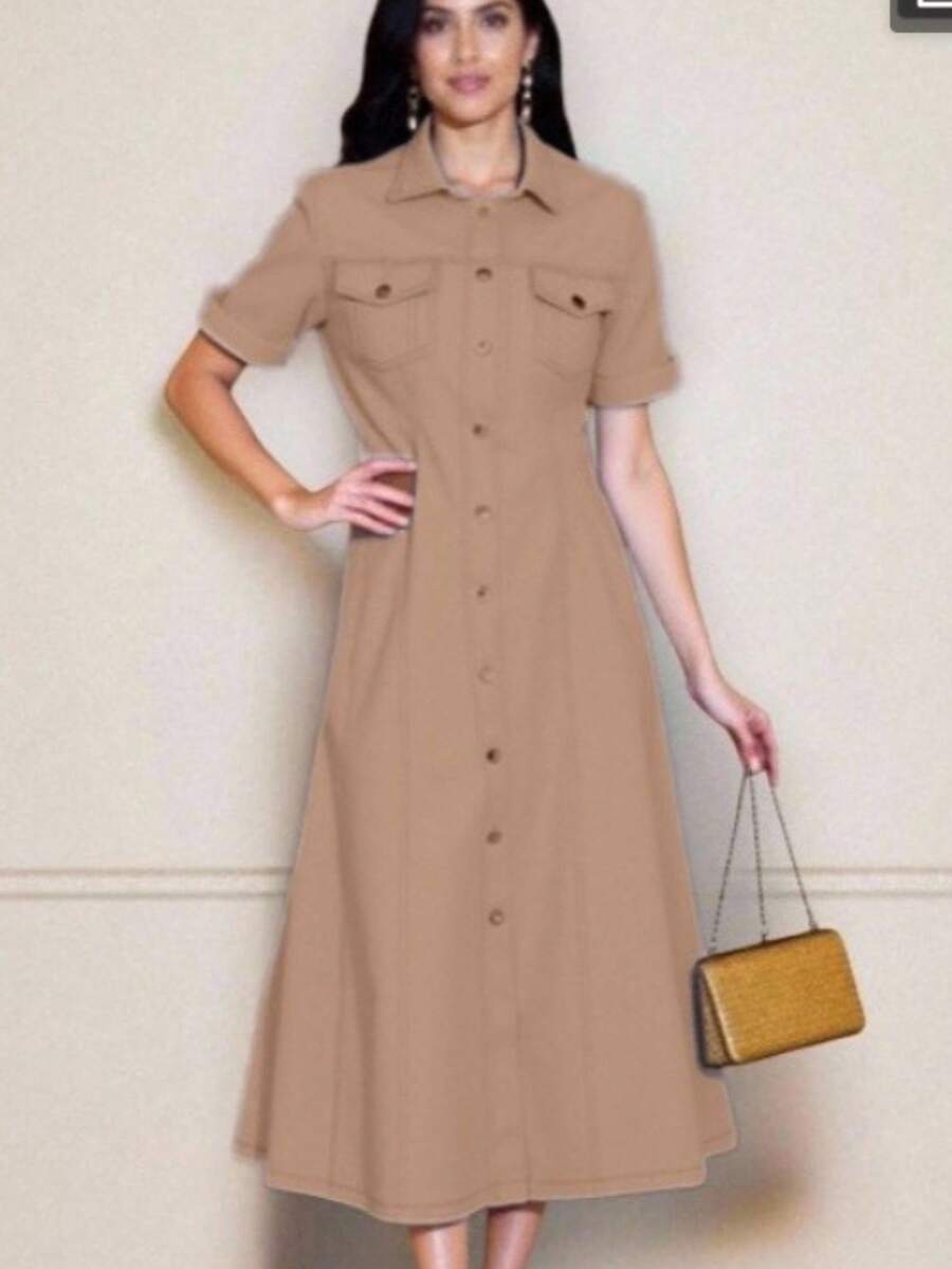 Women's Long Midi Dress With Buttons, Short Sleeves, With Pockets, Tailored Shirt, Elegant, Sensorial, Evangelical Fashion, Accentuated, Chemise 2026 - 卡其色 - 查看 1