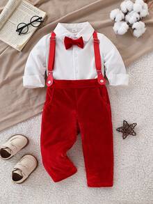 2 Stücke Jungs Gentleman Outfit Set - Langarm Hemd mit Fliege + Hosenträger rote Hose, Weihnachten, Geburtstag, Feiertagsparty Formeller Anzug - Rot - Übersicht 10