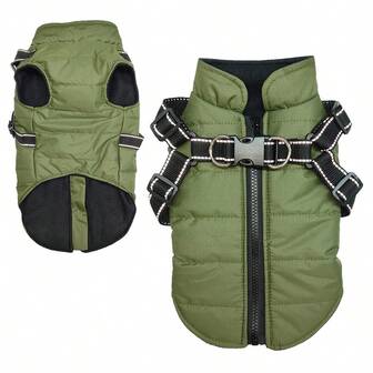 1pc Green Waterproof Windproof Warm Pet Jacket With Zipper, Reflective Strips, Chest Harness For Cats & Dogs Outdoor Wear