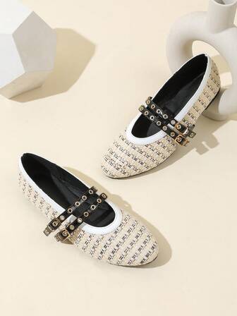 秋冬女士编织拼布带扣圆头平底玛丽珍鞋，芭蕾鞋