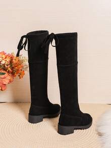 女童过膝长靴，休闲低跟圆头学生靴，秋冬季百搭单品，新款 - 黑色 - 查看 4