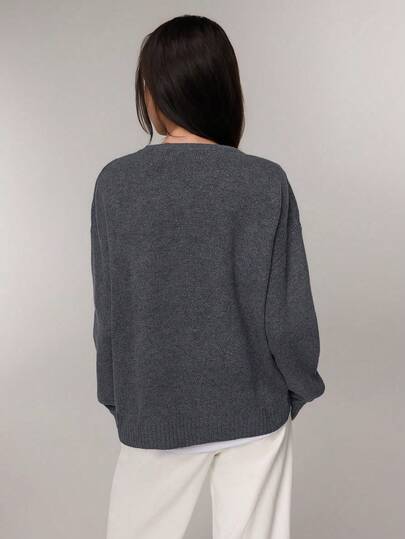 FOR BEAUTY Autumn And Winter New Solid Color Simple Round Neck Long Sleeved Daily Casual Lazy Style Knitted Sweater Knit Top, Fashion Loose And Warm Commuting Style Sweater Jumpers For Women Pullover New Year