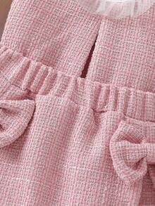 2pcs Baby Girls' Fashion Cute Casual Set - Bow Decor Mock Neck Top + Bow Pleated Skirt, Pink