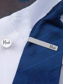 1 Set Customized Engraved Tie Clip, Personalized Cufflinks, Silver Round Cufflinks And Tie Clip Set With Letter, Stainless Steel Engraved Round Cufflinks, Suitable As Bride's Gift, Anniversary Gift Or Valentine's Day Gift For Husband - Multicolor - View 4