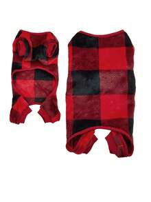 1 件法兰绒圣诞格子保暖宠物连体衣，猫/狗秋冬睡衣，圣诞节 - 紅色 - 查看 12