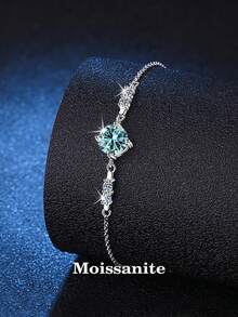 1 pieza Sweet And Versatile 925 Plata 1 quilate Azul Moissanite Brazalete, adecuado para mujeres para uso diario, fiestas y trabajar, regalo de joyería para el Día de la Madre - Azul - Ver 6