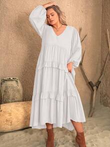 Váy dài tay cổ chữ V màu trơn viền bèo nhún nhiều lớp cỡ lớn cho kỳ nghỉ bên bờ biển phong cách Boho trang phục bãi biển lễ Phục sinh Hawaii lễ hội âm nhạc kỳ nghỉ nhiệt đới - trắng - Xem 4