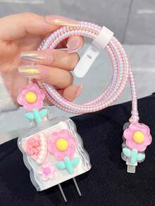 Juego de 5 fundas protectoras de onda transparente con flor de TPU para organizador de cable de cargador rápido de 18W/20W compatible con Apple - Multicolor - Ver 4