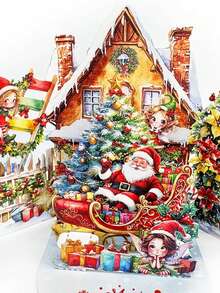 Świąteczna, rozkładana kartka z życzeniami, z motywem Świętego Mikołaja i elfów – motyw "Święty Mikołaj dostarczający prezenty", w zestawie koperta – odpowiednia na świąteczne świętowanie, świąteczna kartka z życzeniami | Świąteczny motyw | Kolorowe ilustracje, świąteczna kartka z życzeniami