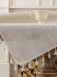 1pc Elegant Cream-Colored Linen Tassel Tablecloth, Rectangular European Style Coffee Table/Bedside Cabinet Cloth, Washable, Suitable For Farmhouse, Kitchen, Dining Table, Dinner, Family Gathering, Buffet, Wedding, Hotel Decor, Daily Home Decor, Thanksgiving Party Decoration