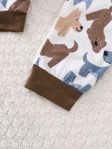 两件套男婴秋冬套装 - 长袖圆领可爱小狗卡通印花休闲连体衣，适合户外活动穿着