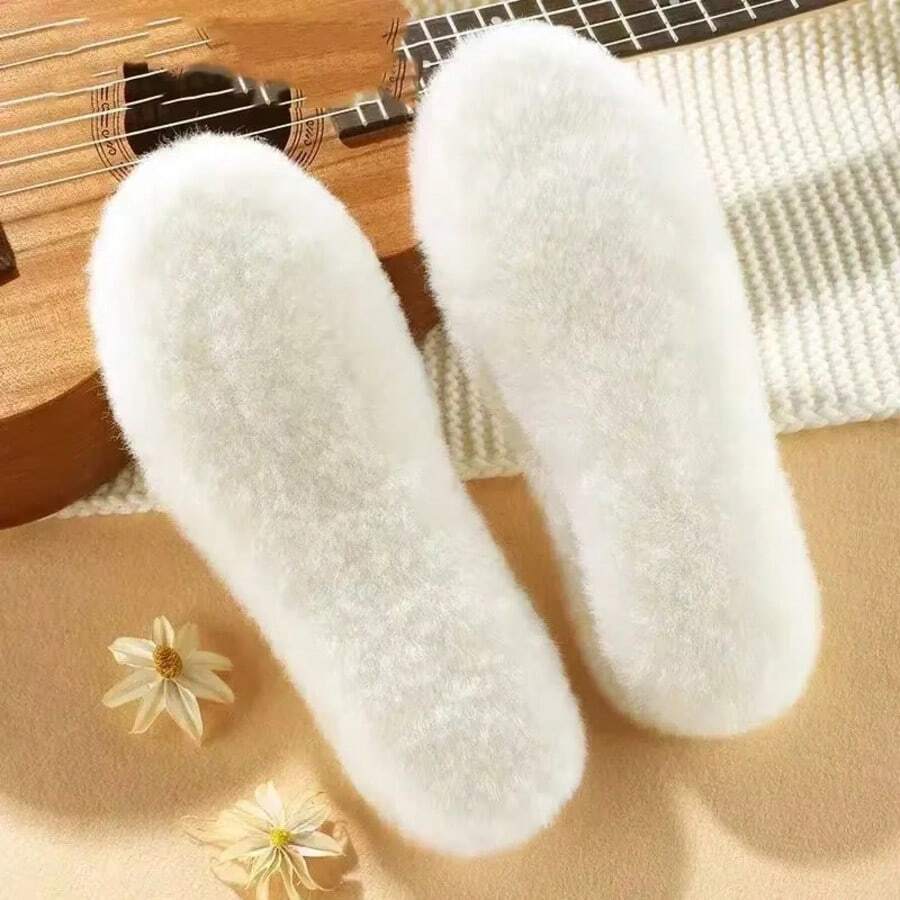 1 Pair Winter Warm Insole, Warm And Breathable Lining Shoe Insole, Warm Boot Insole, Fluffy Insole, Slipper Insole, Comfortable Thick Plush Shoe Pad - White - View 1