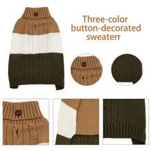 1 件弹力舒适麻花针织三色拼布木纽扣高领宠物毛衣，适合秋冬季猫狗 - 卡其色 - 查看 7