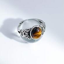 1pc 925 Sterling Silver Vintage Leaf Pattern Inlaid Tiger's Eye Stone Personalized Fashion Ring, Suitable For Everyday Casual Wear, Gift For Family And Friends On Holidays And Birthdays - Antique Silver - View 6