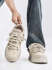 Men's Canvas Sneakers, Fashionable Casual Thick Sole Distressed Slip-On Shoes, Student Shoes - Beige - View 4