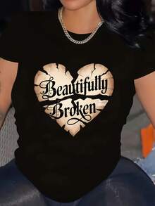 Elegant Broken Heart Graphic Plus Size T-Shirt - Beautifully Broken Print, Soft Stretch   Round Neck, Machine Washable, All-Season Casual Wear - 黑色 - 查看 1