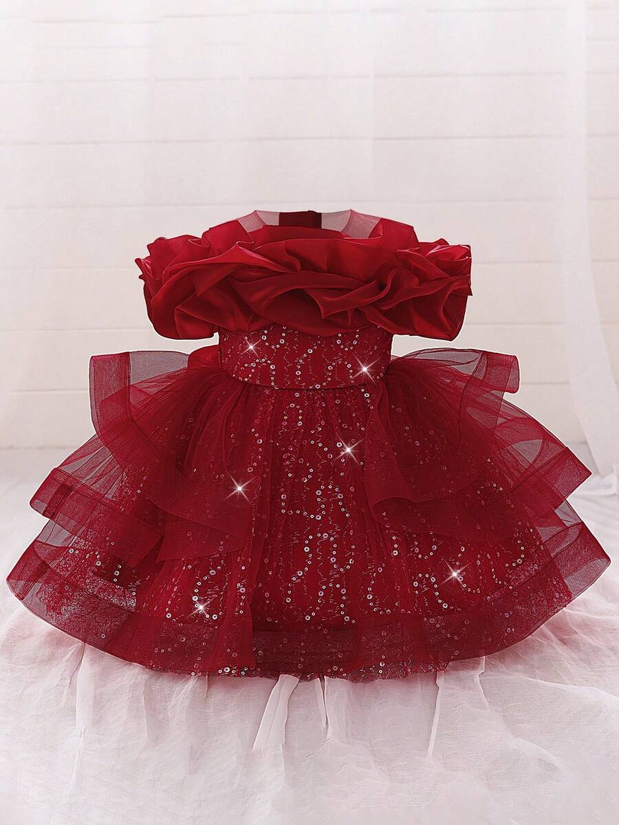 Baby Girls Sequin Mesh Cute Birthday Princess Dress, Suitable For Party, Celebration, Outing, Does Not Include Headband - Burgundy - View 1