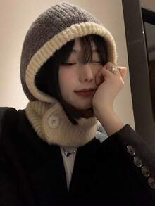 1pc Women's Grey Balaclava Hat, Knitted Beanie Scarf Set For Autumn/Winter, Suitable For Holidays And Daily Use - Grey - View 4