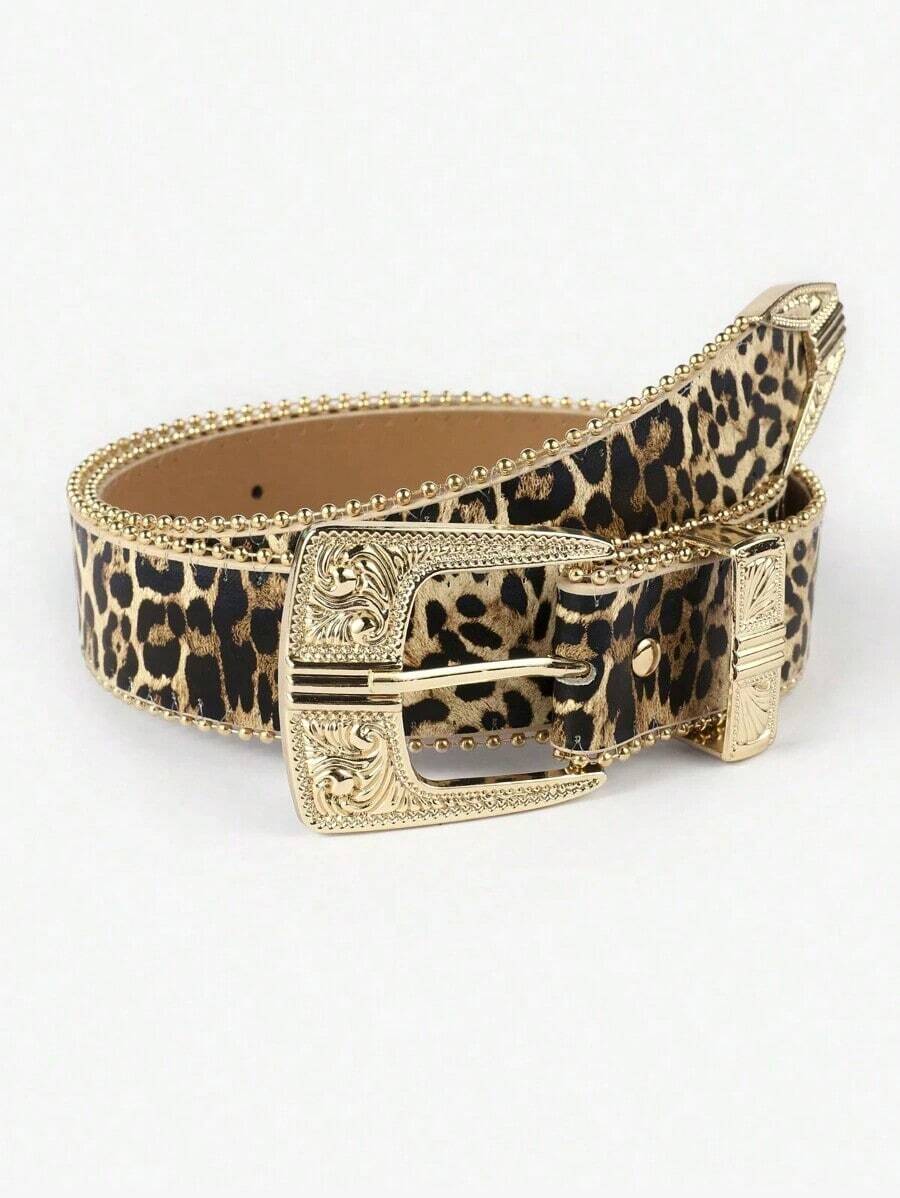 1pc Floral PU Leather Casual Belt Women, With Fashionable Metal, Studded Decoration, Versatile Everyday Wear Halloween Leopard Print Summer, School Fall, Autumn, Halloween - 彩色 - 查看 1