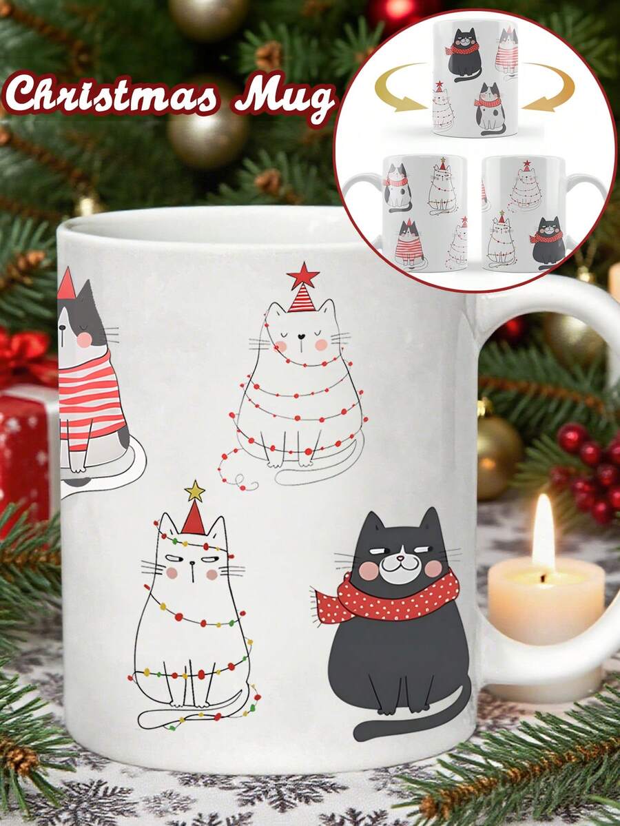 1Pc 11oz Christmas Mug, Funny Cat Christmas Coffee Mug, Cat Lover Gift, Cute Holiday Kitty Mug, Ceramic Cats Xmas Mug Desk Decor - White - View 1