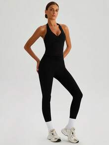 MASKERT 女士运动套装，瑜伽服，健身服，女士背心，裤子，运动服，休闲家居服，锻炼服，柔软舒适 - 黑色 - 查看 5