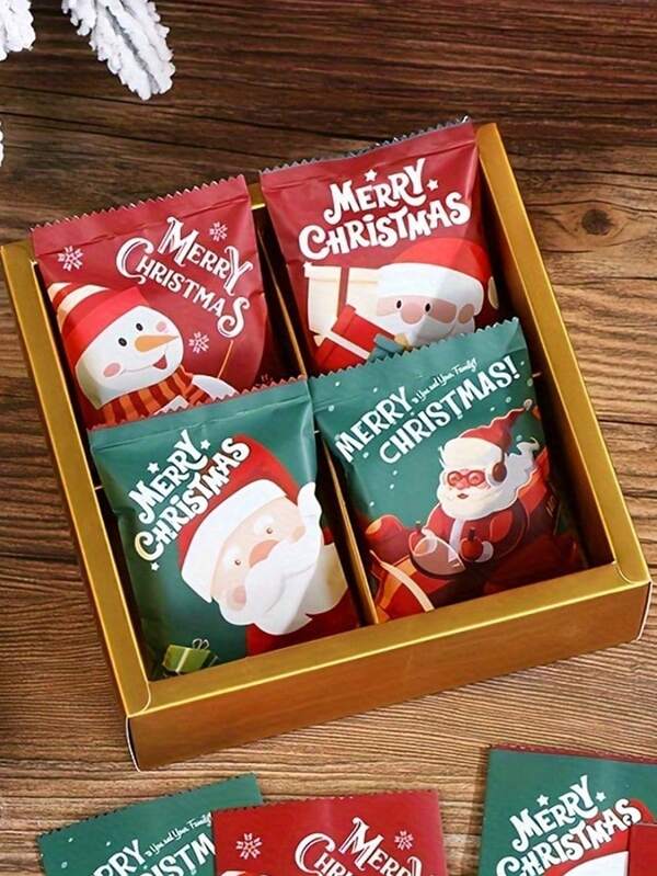 100pcs Holiday Christmas Cookie And Candy Bags, With Self-Adhesive Seals, Colorful Holiday Snack Packaging, Featuring Santa Claus, Snowman And Reindeer Patterns, Suitable For Christmas Party Gifts, Christmas Home Decoration, Christmas Gift Sharing