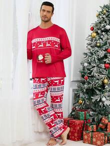 1 Set Men's Christmas Print Loungewear Set, Long Sleeve Top And Long Pants, Fall & Winter Clothes - Multicolor - View 3