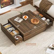 43" Square Coffee Table With Storage, 43" D X 43" W X 17" H Modern Large Square Center Table With 2 Drawers, Wood Coffee Table For Living Room,Bedroom - Walnut - View 3