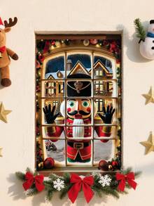 1 pièce Livre de l'histoire du Casse-Noisette rouge et or, décor de fenêtre de Noël, 80 cm * 120 cm, style fantaisie des vacances, décoration de fenêtre rectangulaire avec village enneigé, lumières scintillantes, boules de Noël, scène de nuit sous la lune, convient pour la décoration intérieure/extérieure de la maison, théâtre, fête de Noël et d'hiver