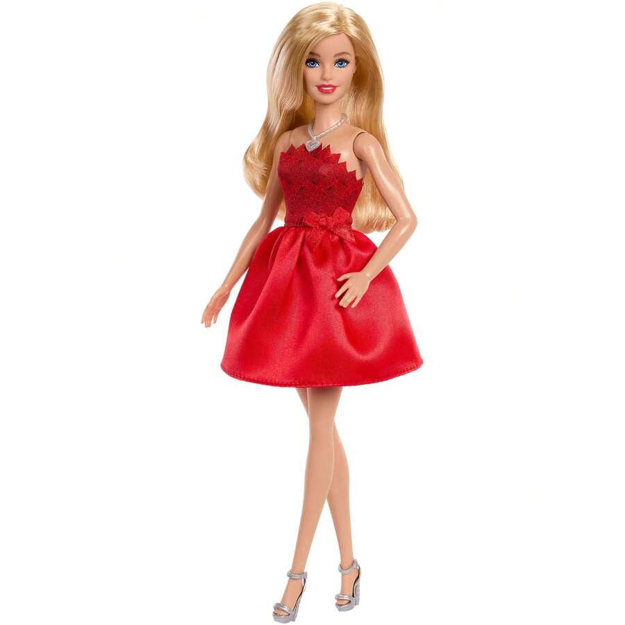 Barbie Mattel 80th Anniversary Ruby-Red Celebration Blonde Fashion Doll Wearing Red Dress With Silvery Shoes & Necklace, Collectible Toy