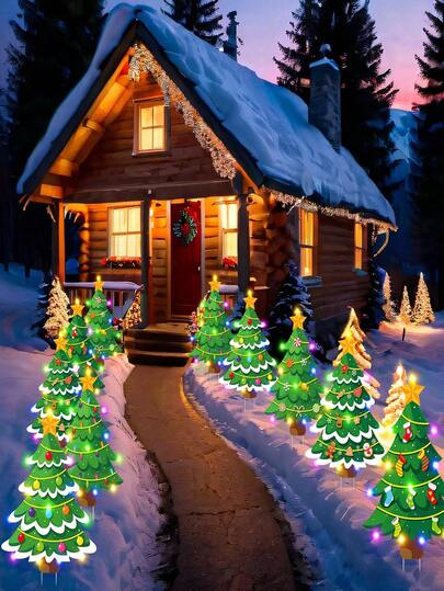 10 件圣诞节庭院装饰标志、带桩的庭院标志、户外露台圣诞桩、冬季节日户外草坪走道装饰品（树形）