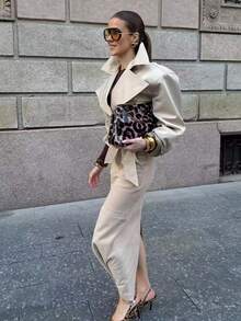 Chaqueta de mujer de primavera y otoño con cuello de solapa, manga larga, un solo botón y cinturón, estilo de calle - Caqui - Ver 8