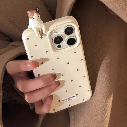 1 件 GUCADI 极简主义彩色波尔卡圆点 + 3D 可爱坐猫高品质柔软防震手机壳兼容 Apple iPhone 16/15/14/13/12 系列