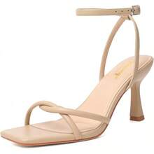 RIBONGZ Women's Heeled Sandals Square Open Toe Kitten Strappy Heels With Ankle Strap Elegant Summer Wedding Party Evening Prom Daily Wear Lace Up Dress ShoesChristmas - 裸體 - 查看 1