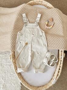 Baby Girls' Casual All-Over Embroidered Floral Light Blue Suspender Pants, Summer - Apricot - View 3