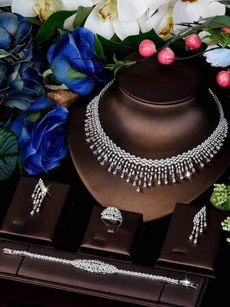 1 set romantiska smyckeset med tofsar och kubisk zirkonia, lämpliga för kvinnors bröllopskläder