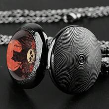 Reloj de bolsillo con cadena y colgante de gato negro estilo gótico con calavera y luna roja - Negro - Ver 3