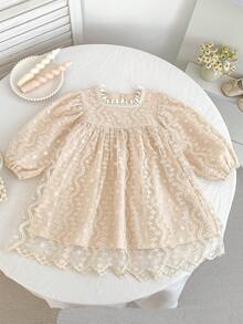 韩版女童公主裙，长袖蕾丝网纱连衣裙，女童服装 - 杏色 - 查看 2