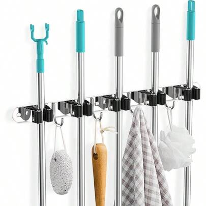 Broom Holder Wall With 5 Holders+ 4 Hooks, Self - Adhesive Broom Holder, Stainless Steels, Wall Mount Broom Wall Mounted Garden Holder Kitchens, Bathr