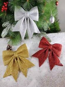 2pcs Christmas Bow Gold Glitter Bow Christmas Tree Hanging Ornaments, Home Christmas Decor - Multicolor - View 1