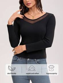 3pcs Ladies' Solid Color Mesh Splicing Neckline High Elasticity Warm Underwear, Soft And Comfortable Warm Base Top, Winter Inner Wear Top Can Also Be Worn As An Outer Base Shirt, Winter Warm Underwear Multi-Color Combination Set - Multicolor - View 3