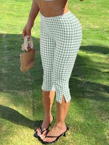 Women's Retro Skinny Fit Gingham Capri Pants With Delicate Lace Trim Side Slit Comfortable Cropped Trousers For Casual Daily Outfits - 綠色 - 查看 3