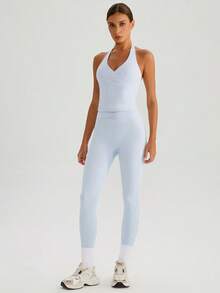 MASKERT Bộ đồ thể thao nữ, trang phục yoga, quần áo tập thể dục, áo tank top nữ, quần dài, đồ thể thao, đồ mặc nhà thoải mái, đồ tập luyện, mềm mại và thoải mái. - Màu xanh nhạt - Xem 4