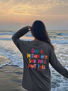 女童休闲彩色印花圆领长袖T恤，秋季学生少女装 - 这款色彩鲜艳的印花T恤一定会让孩子们笑容满面。“上帝在她里面，她必不跌倒”情人节服装 - 深灰色 - 查看 6