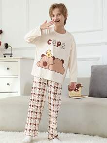 2pcs/Set Cartoon Print Crew Neck Pullover Boys Pajamas, Flame Retardant Children Sleepwear, Autumn/Winter