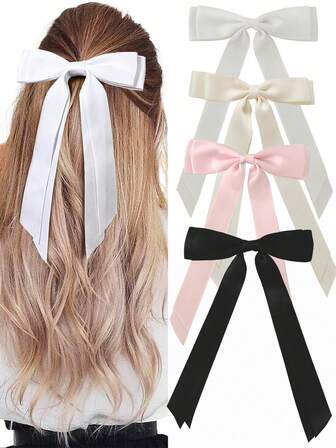 1/2/3/4/5/6pcs Girls Fashion Bilayer Bow Hair Clips, Soft Long-Tailed Bow Hairpins, Vintage Metal Hair Clip Silk Headband, Elegant Hair Accessories, Great Gift For Girls