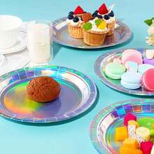 10/50/100pcs Rainbow Color Paper Plates, 7 Inch/9 Inch Round Disposable Party Plates, Holographic Rainbow Color Dessert Plates For Birthday, Baby Shower, Wedding, Dinner, Picnic