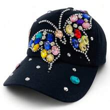 "Rainbow Butterfly" Bling Bling Bead BASEBALL CAP Adjustable, UV Protection, Perfect For Outdoor Activities, Casual - Hitam - View 1