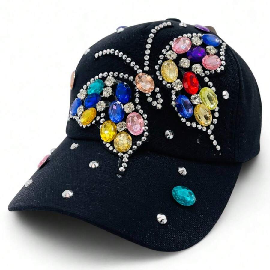 "Rainbow Butterfly" Bling Bling Bead BASEBALL CAP Adjustable, UV Protection, Perfect For Outdoor Activities, Casual - Hitam - View 1