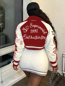 CharmGlow NY Graphic Bomber Jacket, Sexy Cropped Style, Color Block Lapel - 紅色 - 查看 3